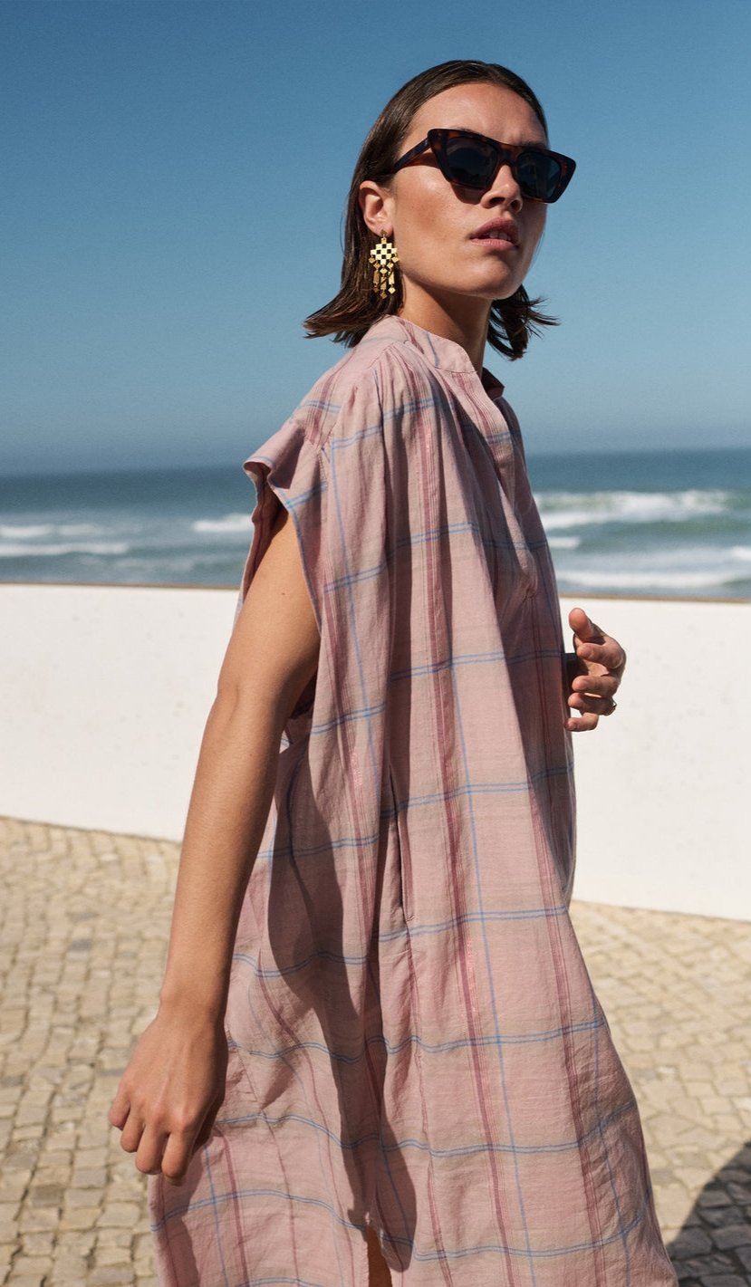 Image of 3-Vestido largo Bodin rosa blush pink check dress 