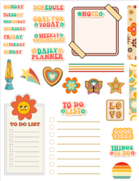 Handmade Retro Themed Planner Stickers, journal, Calendar, organize, 70s, week, note, to do, washi