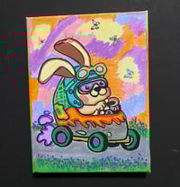 Image 1 of Speedy bunny in carrot race car mixed media painting