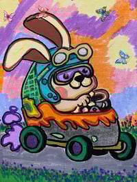 Image 2 of Speedy bunny in carrot race car mixed media painting