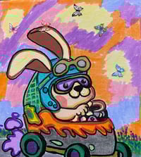 Image 3 of Speedy bunny in carrot race car mixed media painting