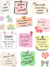 16 Handmade Affirmation Note Stickers, sticky note, flowers, heart, laptop, phone, journal, planner