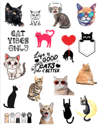 18 Handmade Fun Cat Stickers, cats, paws, journal, scrapbook, planner, cat vibes
