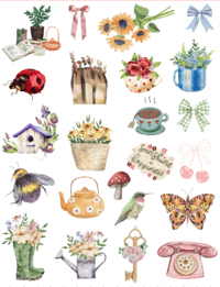 23 Handmade Beautiful Cottagecore Stickers, flowers, birds, bows, journal, planner, laptop, phone