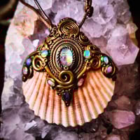 Image 1 of Handmade sea witch Scallop Shell Pendant with Moonstone & Ethiopian Opals
