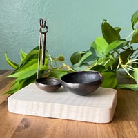 Image 2 of Double Hum Bowl Rest — Handmade Bronze Sound Bowls with Maple Wood Stand