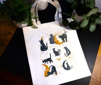 Image 1 of Handmade Mystical Cats Canvas Tote Bag, cat, reusable, shopping, cat, moon, astrology, gift