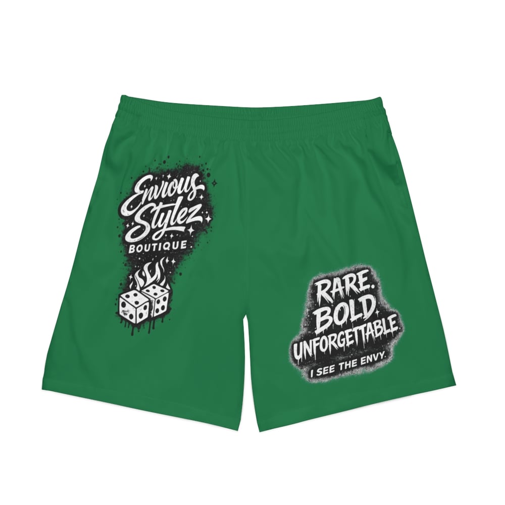 Image of Men's Green Beach Shorts — "Rare. Bold. Unforgettable." Graphic Swim Trunks