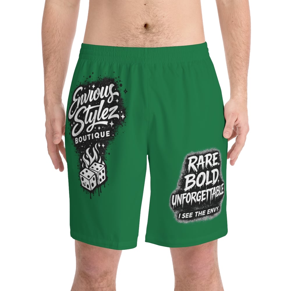 Image of Men's Green Beach Shorts — "Rare. Bold. Unforgettable." Graphic Swim Trunks