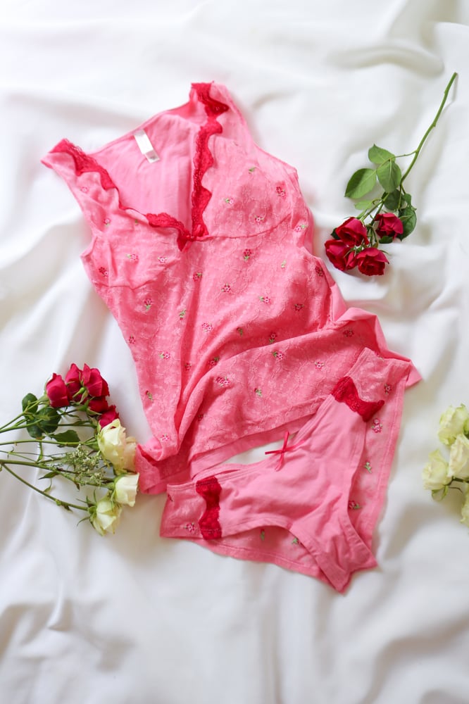 Image of Victoria's Secret Springtime Pink Floral Lace Two Piece Set (Medium)