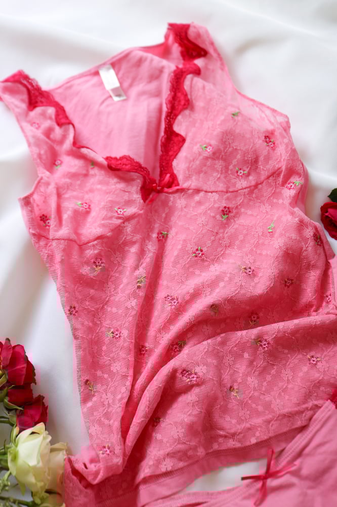 Image of Victoria's Secret Springtime Pink Floral Lace Two Piece Set (Medium)