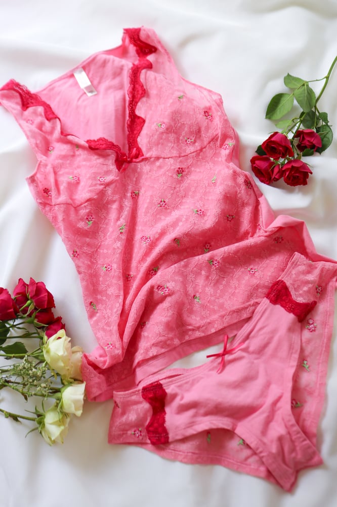 Image of Victoria's Secret Springtime Pink Floral Lace Two Piece Set (Medium)