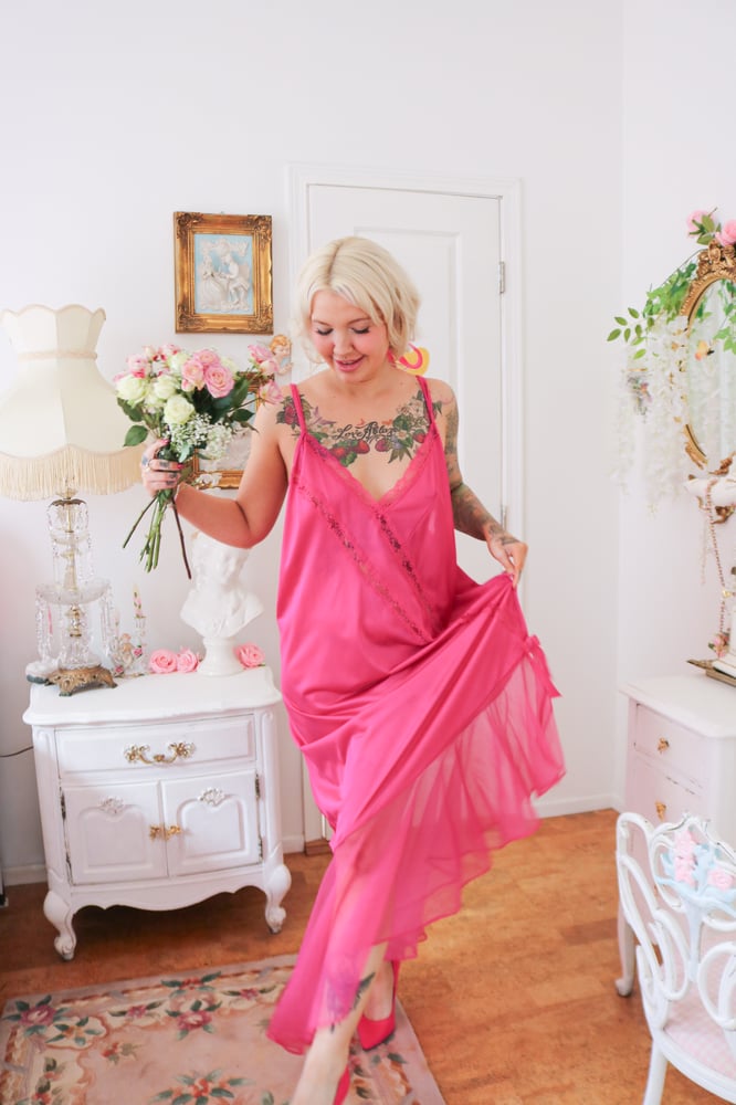 Image of Vintage Rich Magenta Asymmetrical Flowing Nightgown (2X)