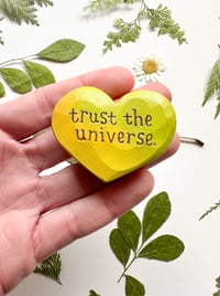 Image 1 of Trust the Universe Yellow - Mini Wood Burned Heart