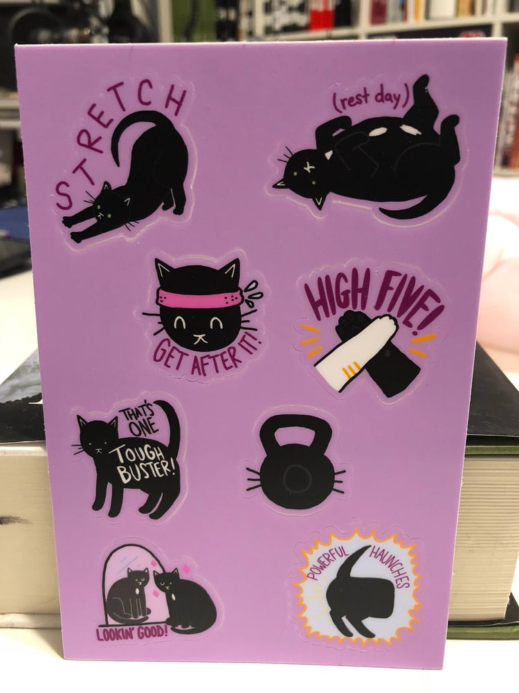 Image of Tough Buster Stickers: Loomis the weightlifting cat, set of eight stickers