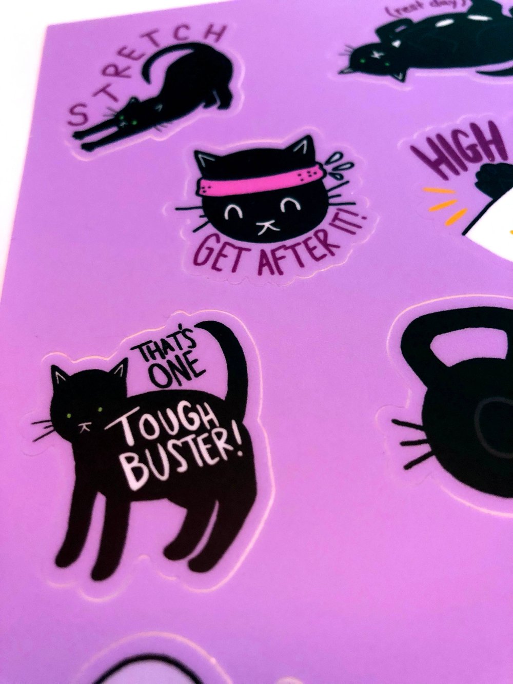 Image of Tough Buster Stickers: Loomis the weightlifting cat, set of eight stickers