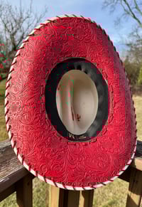 Image 3 of “Crimson and Love Her” Burned Cowboy Hat, Whipstitched Suede Hat, Red Leather Stitched Hat