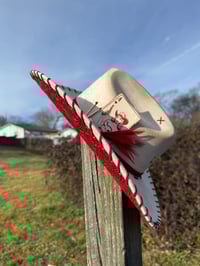 Image 2 of “Crimson and Love Her” Burned Cowboy Hat, Whipstitched Suede Hat, Red Leather Stitched Hat