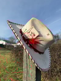 Image 6 of “Crimson and Love Her” Burned Cowboy Hat, Whipstitched Suede Hat, Red Leather Stitched Hat