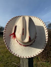 Image 5 of “Crimson and Love Her” Burned Cowboy Hat, Whipstitched Suede Hat, Red Leather Stitched Hat