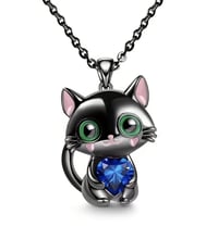 Black Cat Necklace - Cute Cat Heart Necklace with Rhinestone Heart - Jewelry for Women and Teen Girl