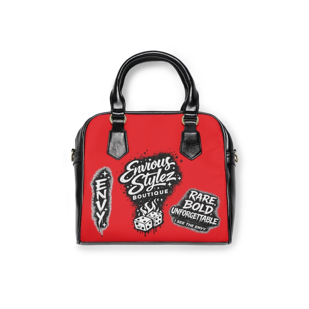 Image of Edgy Red Shoulder Handbag — "Built From Envy" Graphic Purse
