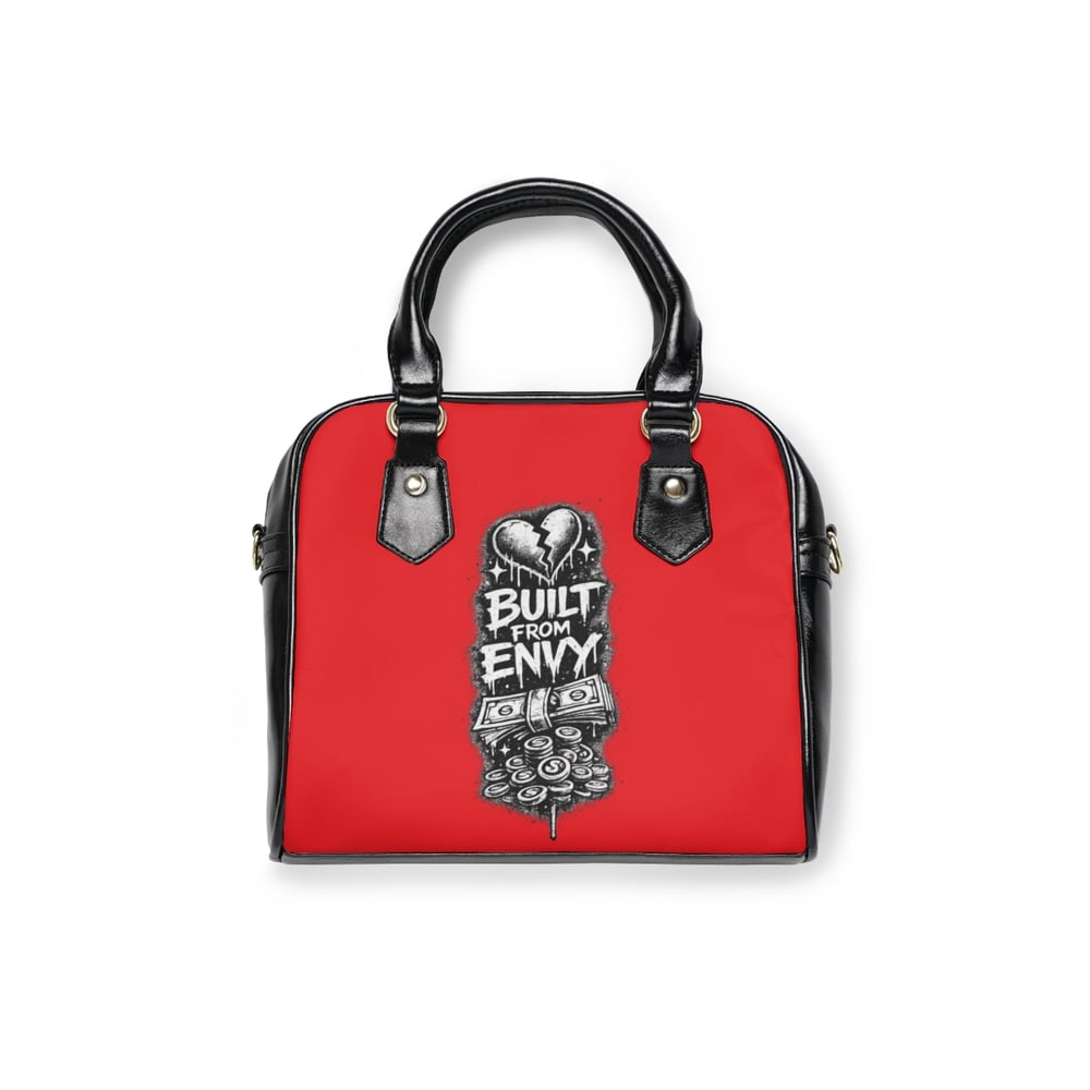 Image of Edgy Red Shoulder Handbag — "Built From Envy" Graphic Purse