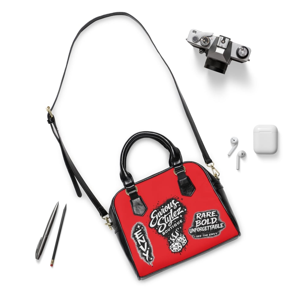 Image of Edgy Red Shoulder Handbag — "Built From Envy" Graphic Purse