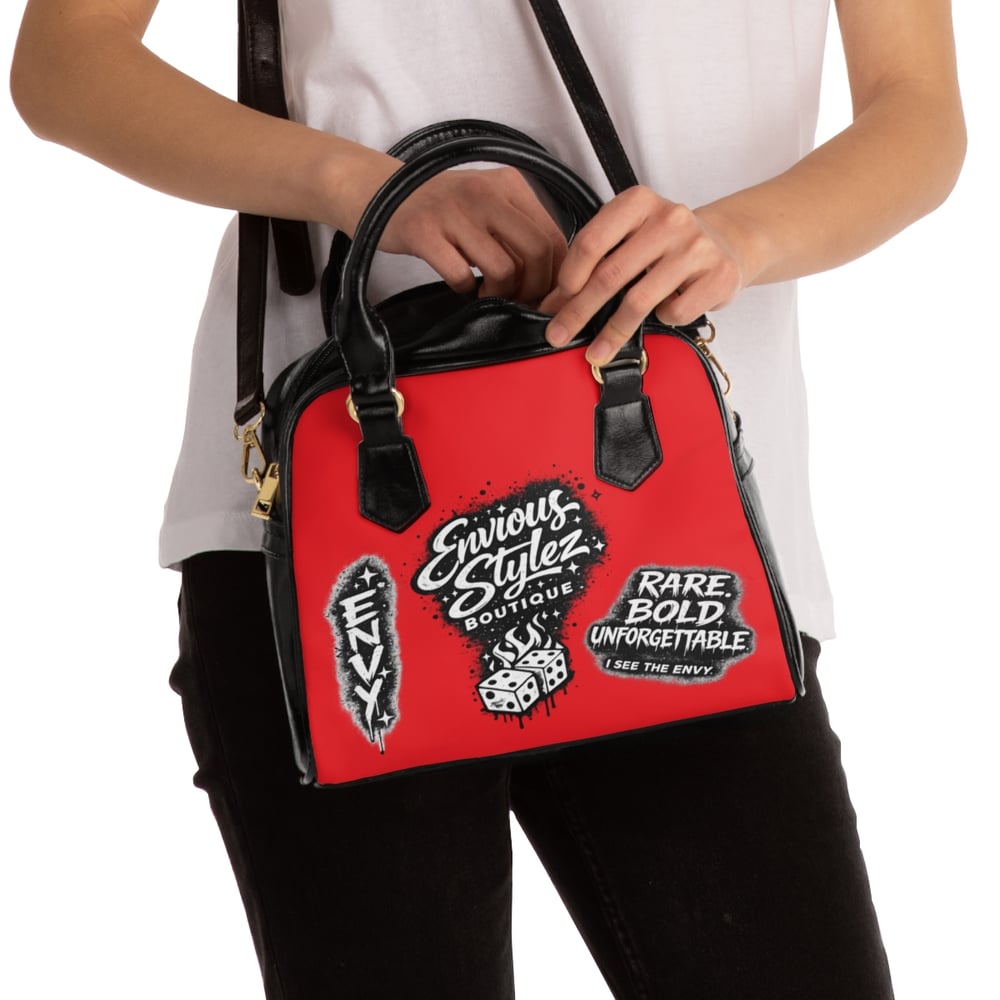 Image of Edgy Red Shoulder Handbag — "Built From Envy" Graphic Purse