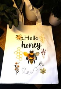 Image 1 of Handmade Canvas Tote Bag with Hello Honey, Bumble Bee and Flowers, books, reusable, gift