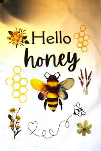 Image 2 of Handmade Canvas Tote Bag with Hello Honey, Bumble Bee and Flowers, books, reusable, gift