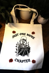 Image 1 of Handmade Skeleton with Just One More Chapter, Skull, roses, book, reading, reusable, gift, shopping