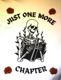 Image 2 of Handmade Skeleton with Just One More Chapter, Skull, roses, book, reading, reusable, gift, shopping