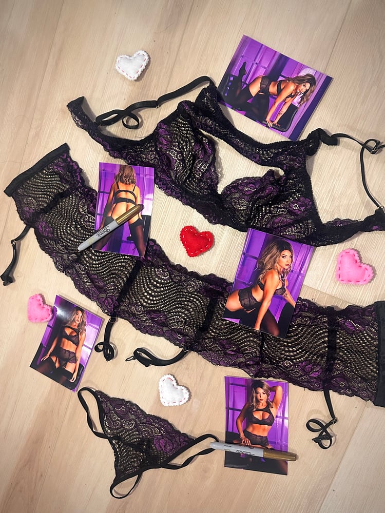 Image of Worn purple & black lingerie and five signed 4x6 photos  