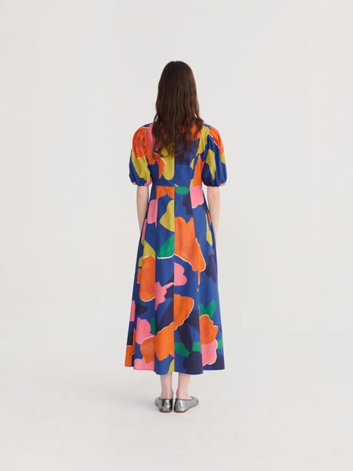 Image of 3-Vestido Blooming Color Pattern Puff Sleeve
