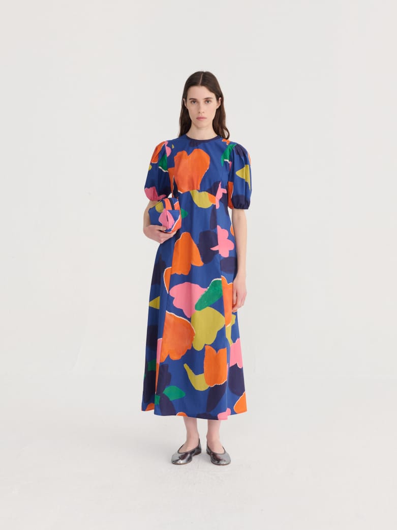 Image of 3-Vestido Blooming Color Pattern Puff Sleeve