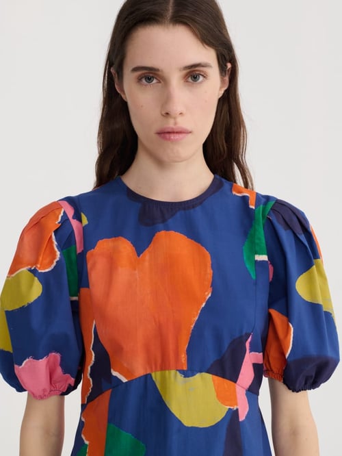 Image of 3-Vestido Blooming Color Pattern Puff Sleeve