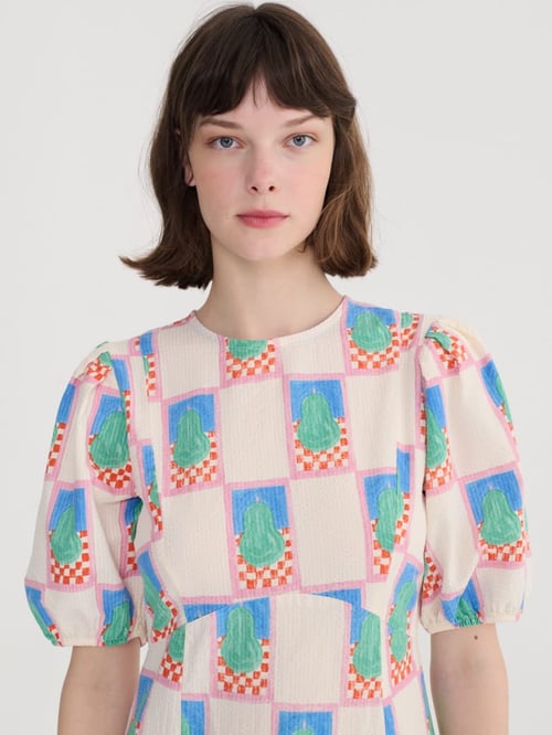 Image of 3-Vestido Simple Pear Pattern Puff Sleeve