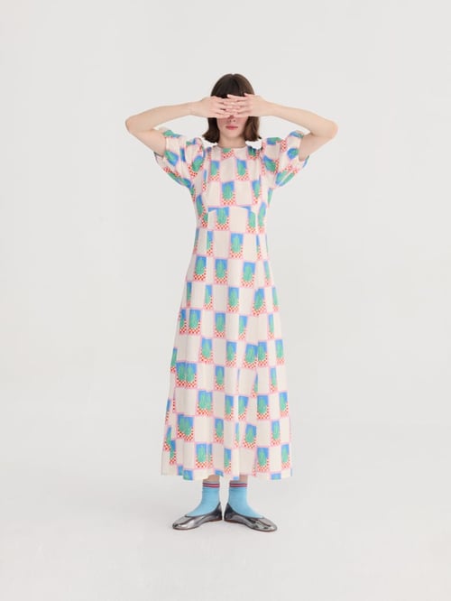 Image of 3-Vestido Simple Pear Pattern Puff Sleeve 