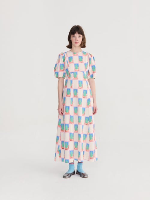 Image of 3-Vestido Simple Pear Pattern Puff Sleeve