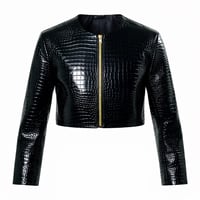 Image 2 of Women’s Faux Leather Black Croc Cropped Moto-Jacket