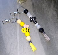 Image 1 of Fun Handmade Beaded Keychains, tassel, bee, cross, religious, key, keys, gift, bag charm, backpack