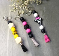 Image 1 of Pretty Handmade Beaded Keychains, tassel, cow, sunflower, sparkle, bag charm, backpack, gift, clip