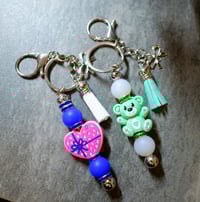 Image 1 of Handmade Beaded Keychains, bear, heart, tassel, charms, backpack, gift, bag charm, key, keys, clip