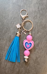 Image 1 of Handmade Beaded Heart Keychain, tassel, charms, silver, bow, backpack, gift, key, keys, bag charm