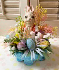 Image 1 of Vintage Blue Milk Glass Dish wih Sweet Bunny Easter Spring Decoration