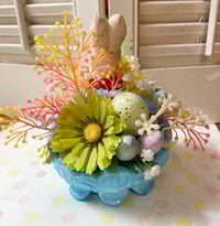 Image 2 of Vintage Blue Milk Glass Dish wih Sweet Bunny Easter Spring Decoration