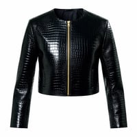 Image 2 of Faux Leather Black Croc Cropped Moto-Jacket
