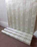 1980s Vintage Prestige Wallpaper Rolls - Embossed Sage Green Gold Stripe - (Sets of 2 or 3 Rolls) thumbnail 9