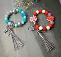 Image 1 of Handmade Beaded Wristlet Keychain, tassel, key ring, heart, keys, bag charm, gift, backpack, silver